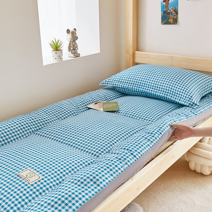 91家纺网 家纺一手货源 找家纺  默忆2025新款水洗棉新疆棉花立体抗菌床垫【抽绳袋包装】 蓝小格