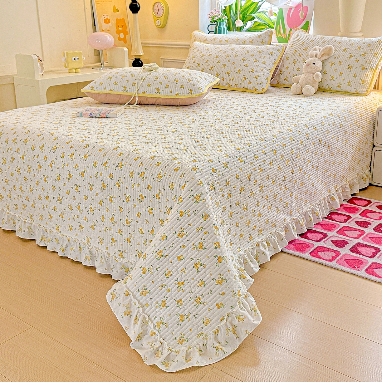 91家纺网 家纺一手货源 找家纺 恒尚居 2025新款云感皱皱纱床盖花边床单双层纱床盖三件套-四季款【系列一】 花边款-春日繁花