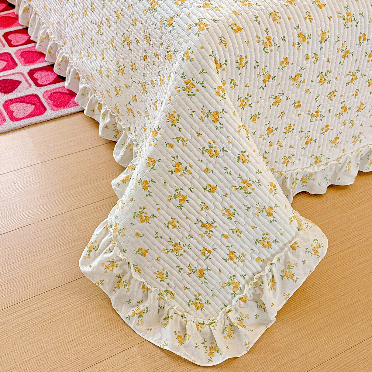 91家纺网 家纺一手货源 找家纺 恒尚居 2025新款云感皱皱纱床盖花边床单双层纱床盖三件套-四季款【系列一】 花边款-春日繁花