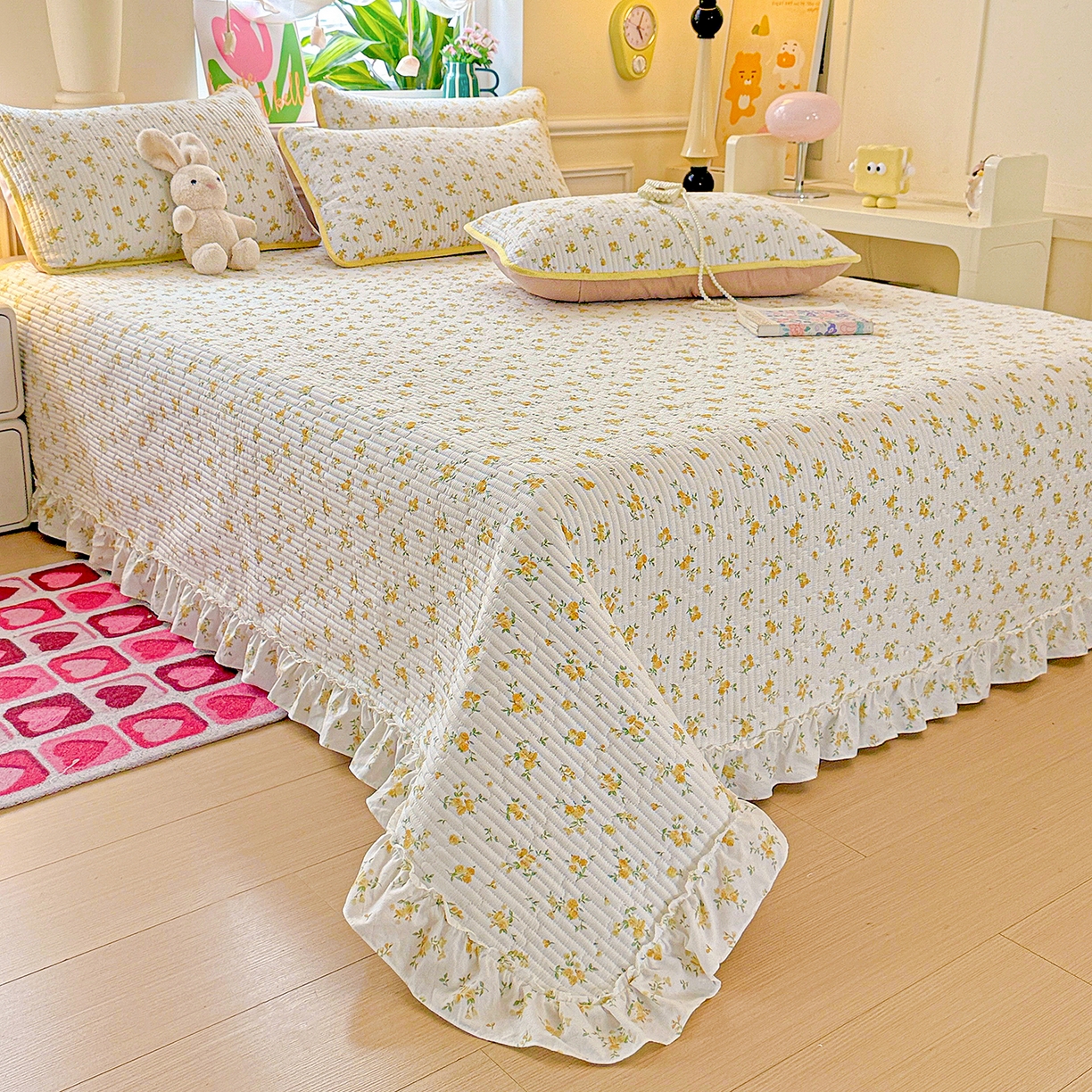 91家纺网 家纺一手货源 找家纺 恒尚居 2025新款云感皱皱纱床盖花边床单双层纱床盖三件套-四季款【系列一】 花边款-春日繁花