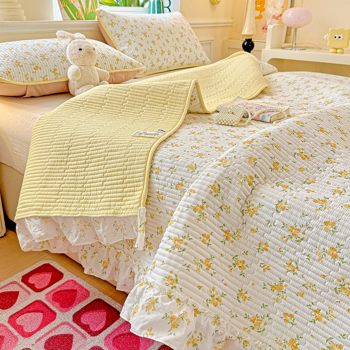 91家纺网 家纺一手货源 找家纺 恒尚居 2025新款云感皱皱纱床盖花边床单双层纱床盖三件套-四季款【系列一】 花边款-春日繁花