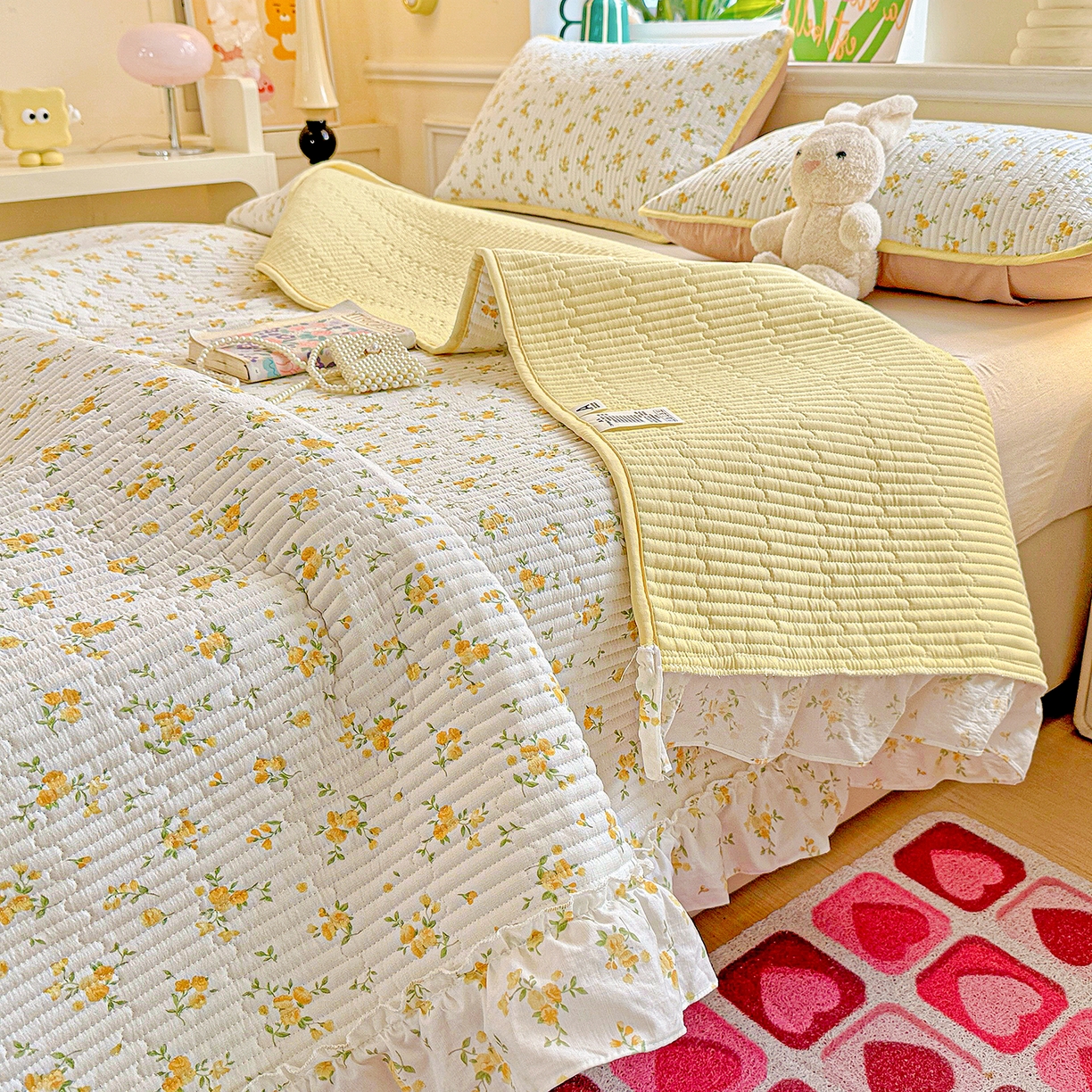 91家纺网 家纺一手货源 找家纺 恒尚居 2025新款云感皱皱纱床盖花边床单双层纱床盖三件套-四季款【系列一】 花边款-春日繁花