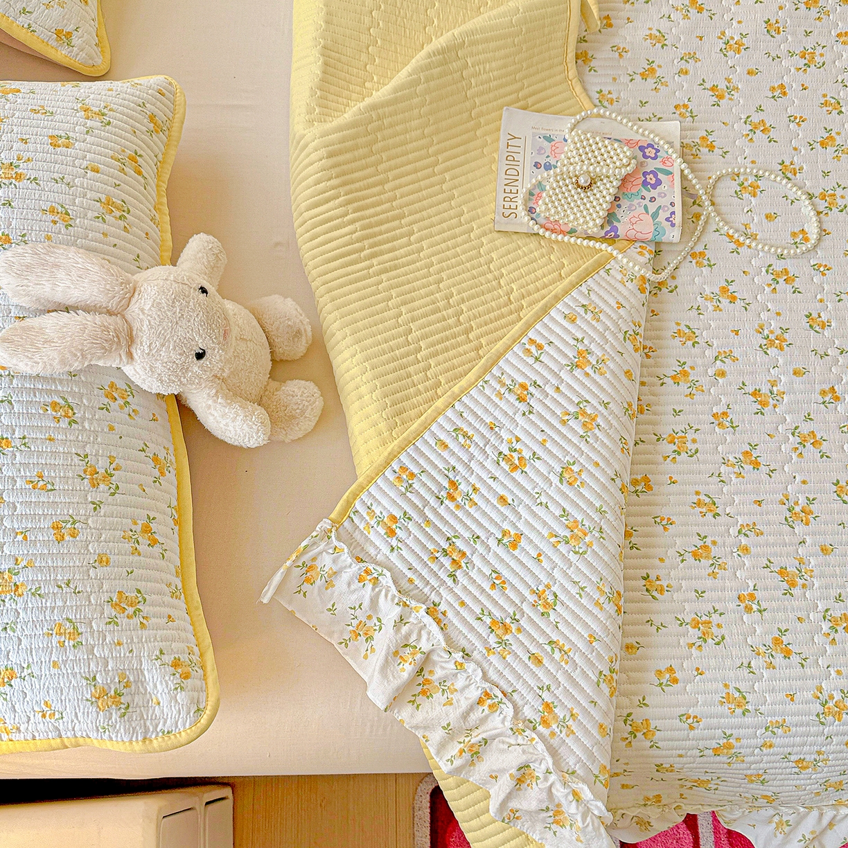 91家纺网 家纺一手货源 找家纺 恒尚居 2025新款云感皱皱纱床盖花边床单双层纱床盖三件套-四季款【系列一】 花边款-春日繁花