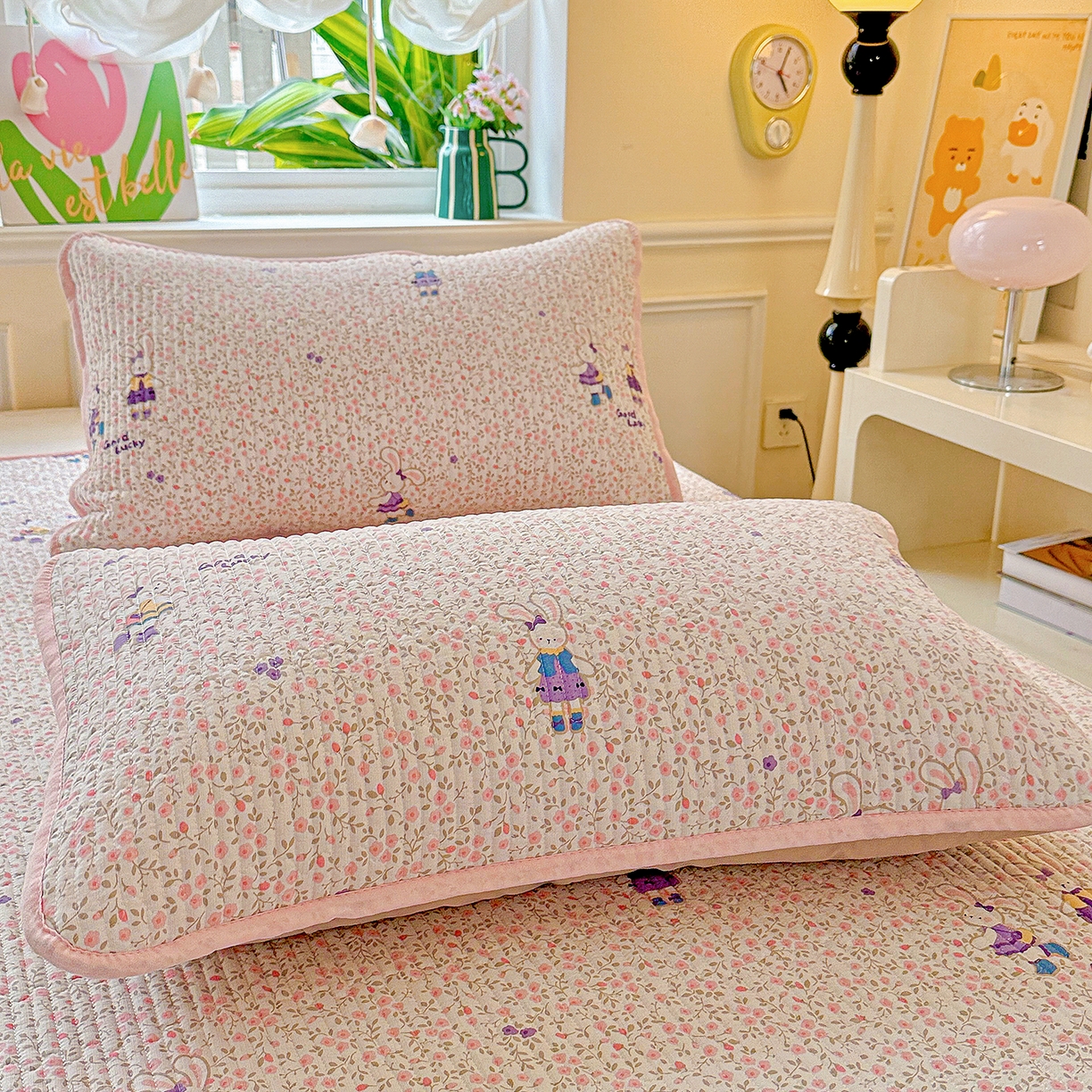 91家纺网 家纺一手货源 找家纺 恒尚居 2025新款云感皱皱纱床盖花边床单双层纱床盖三件套-四季款【系列一】 花边款-欢乐兔