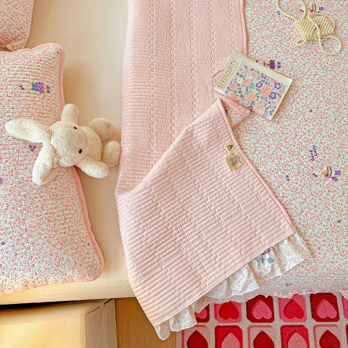 91家纺网 家纺一手货源 找家纺 恒尚居 2025新款云感皱皱纱床盖花边床单双层纱床盖三件套-四季款【系列一】 花边款-欢乐兔