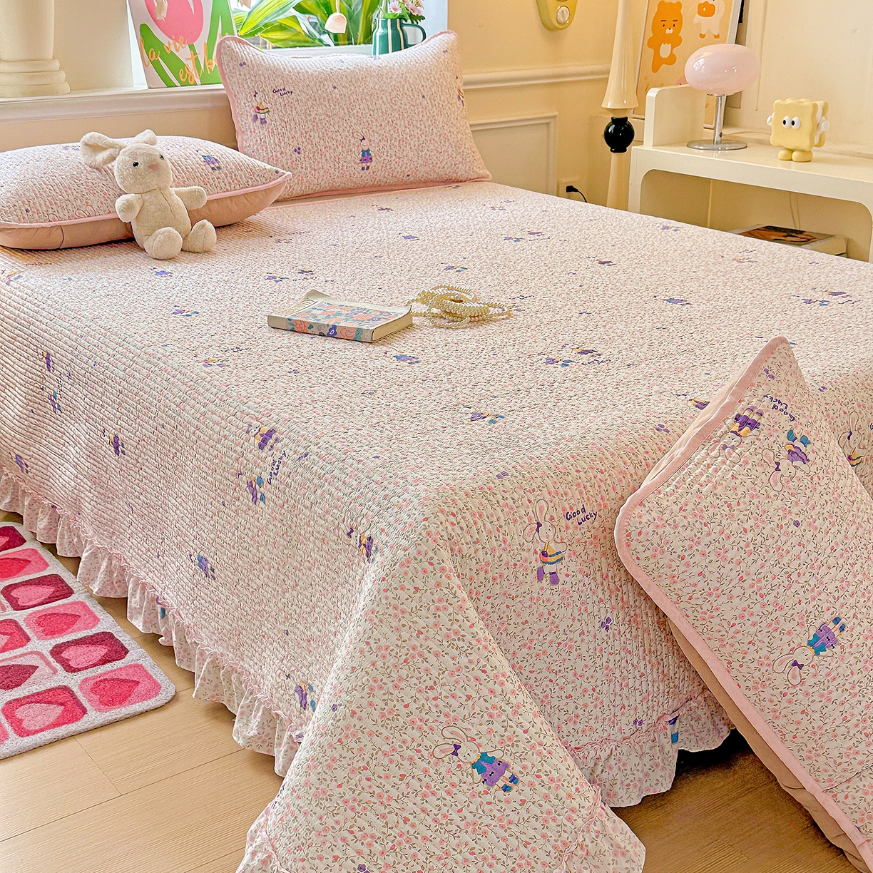 91家纺网 家纺一手货源 找家纺 恒尚居 2025新款云感皱皱纱床盖花边床单双层纱床盖三件套-四季款【系列一】 花边款-欢乐兔