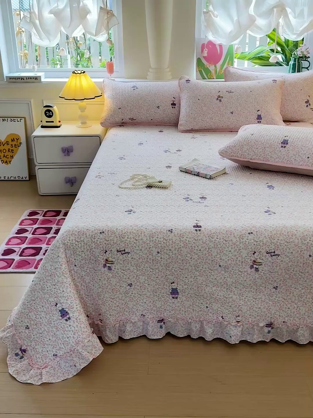 91家纺网 家纺一手货源 找家纺 恒尚居 2025新款云感皱皱纱床盖花边床单双层纱床盖三件套-四季款【系列一】 花边款-欢乐兔