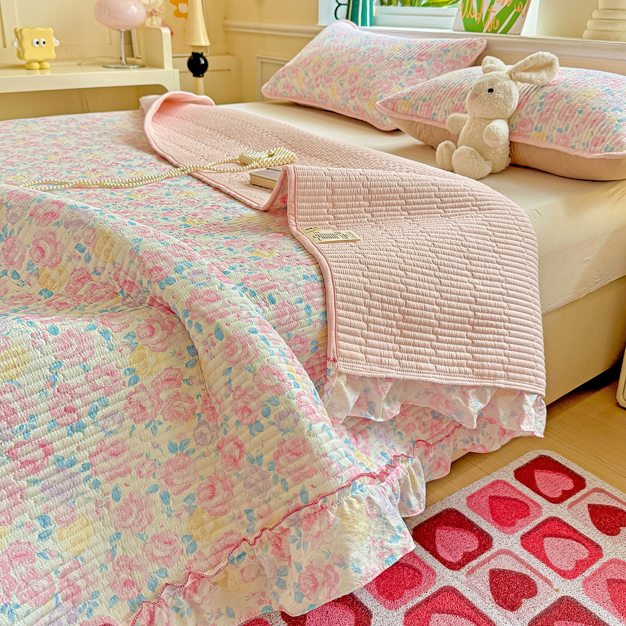 91家纺网 家纺一手货源 找家纺 恒尚居 2025新款云感皱皱纱床盖花边床单双层纱床盖三件套-四季款【系列一】 花边款-玫瑰印象