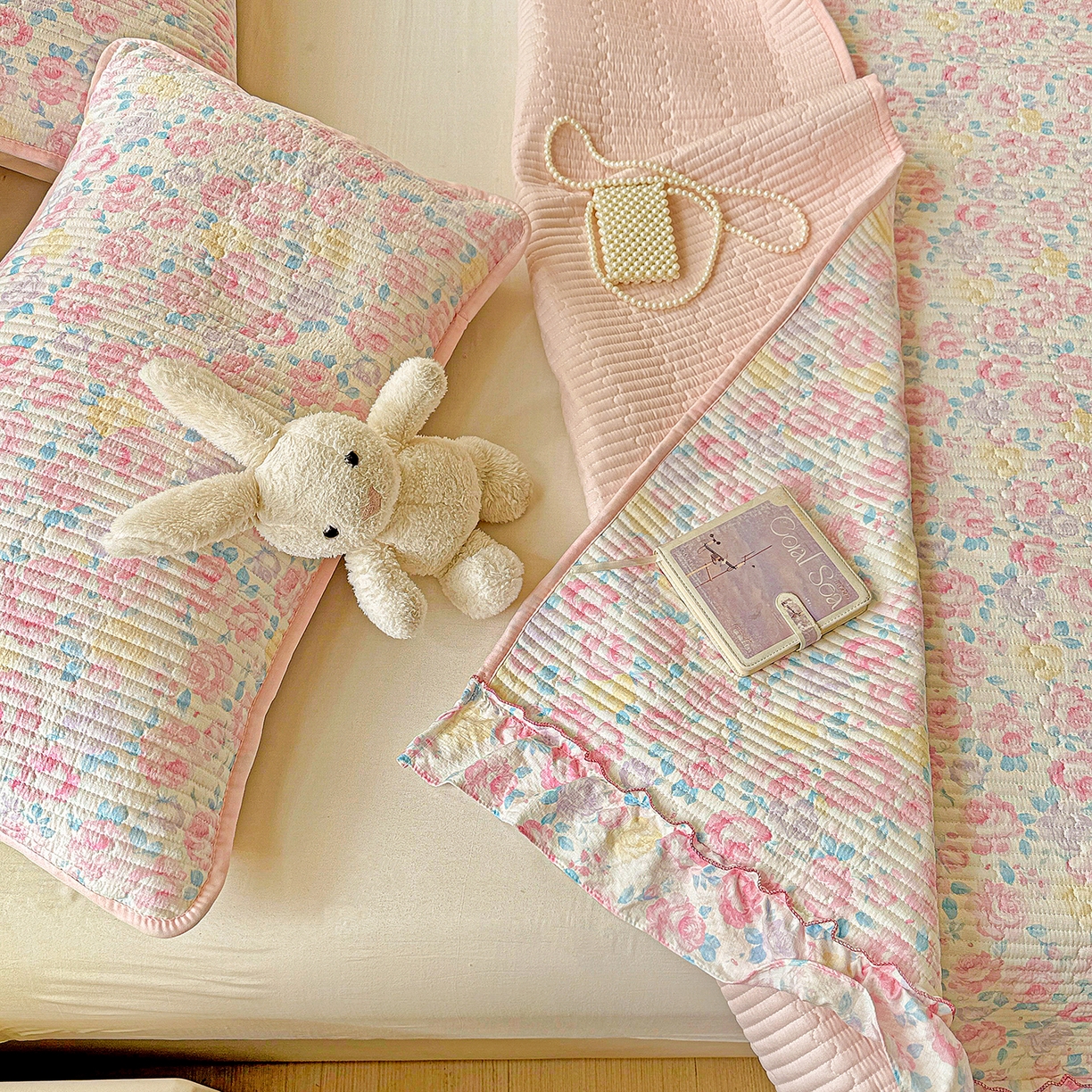 91家纺网 家纺一手货源 找家纺 恒尚居 2025新款云感皱皱纱床盖花边床单双层纱床盖三件套-四季款【系列一】 花边款-玫瑰印象