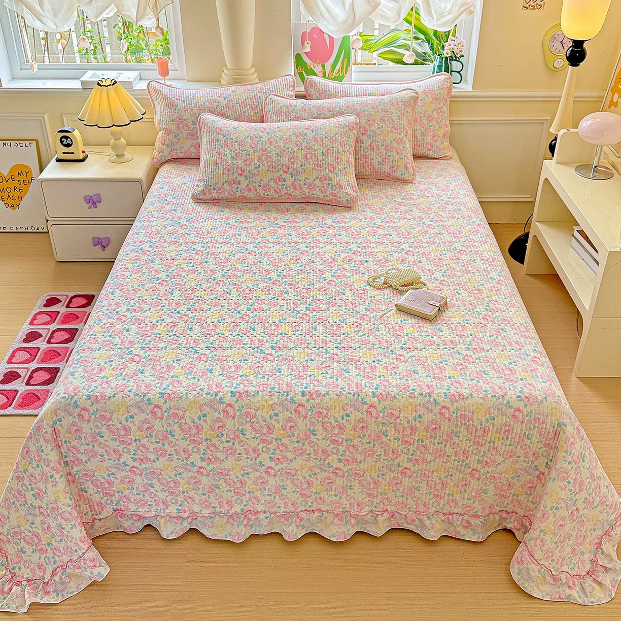 91家纺网 家纺一手货源 找家纺 恒尚居 2025新款云感皱皱纱床盖花边床单双层纱床盖三件套-四季款【系列一】 花边款-玫瑰印象