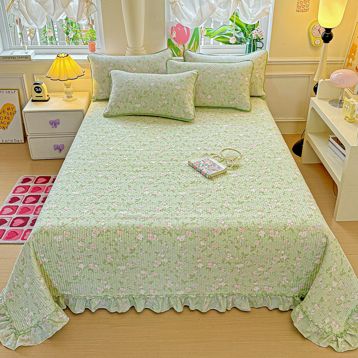 91家纺网 家纺一手货源 找家纺 恒尚居 2025新款云感皱皱纱床盖花边床单双层纱床盖三件套-四季款【系列一】 花边款-美丽心情