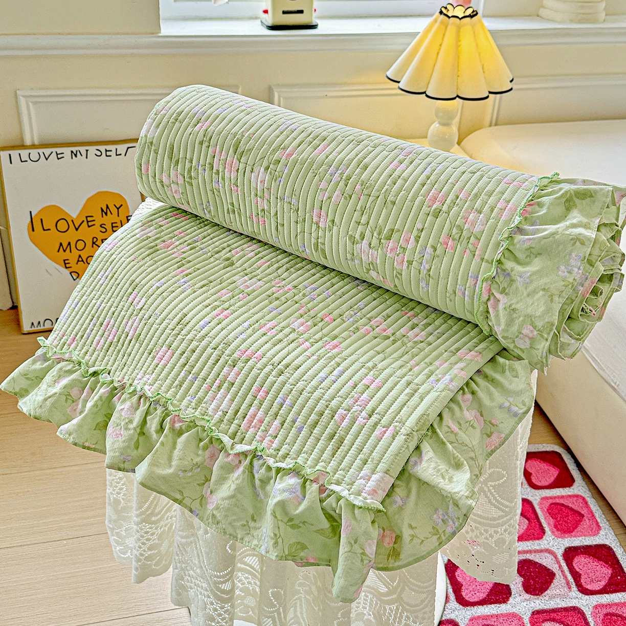 91家纺网 家纺一手货源 找家纺 恒尚居 2025新款云感皱皱纱床盖花边床单双层纱床盖三件套-四季款【系列一】 花边款-美丽心情