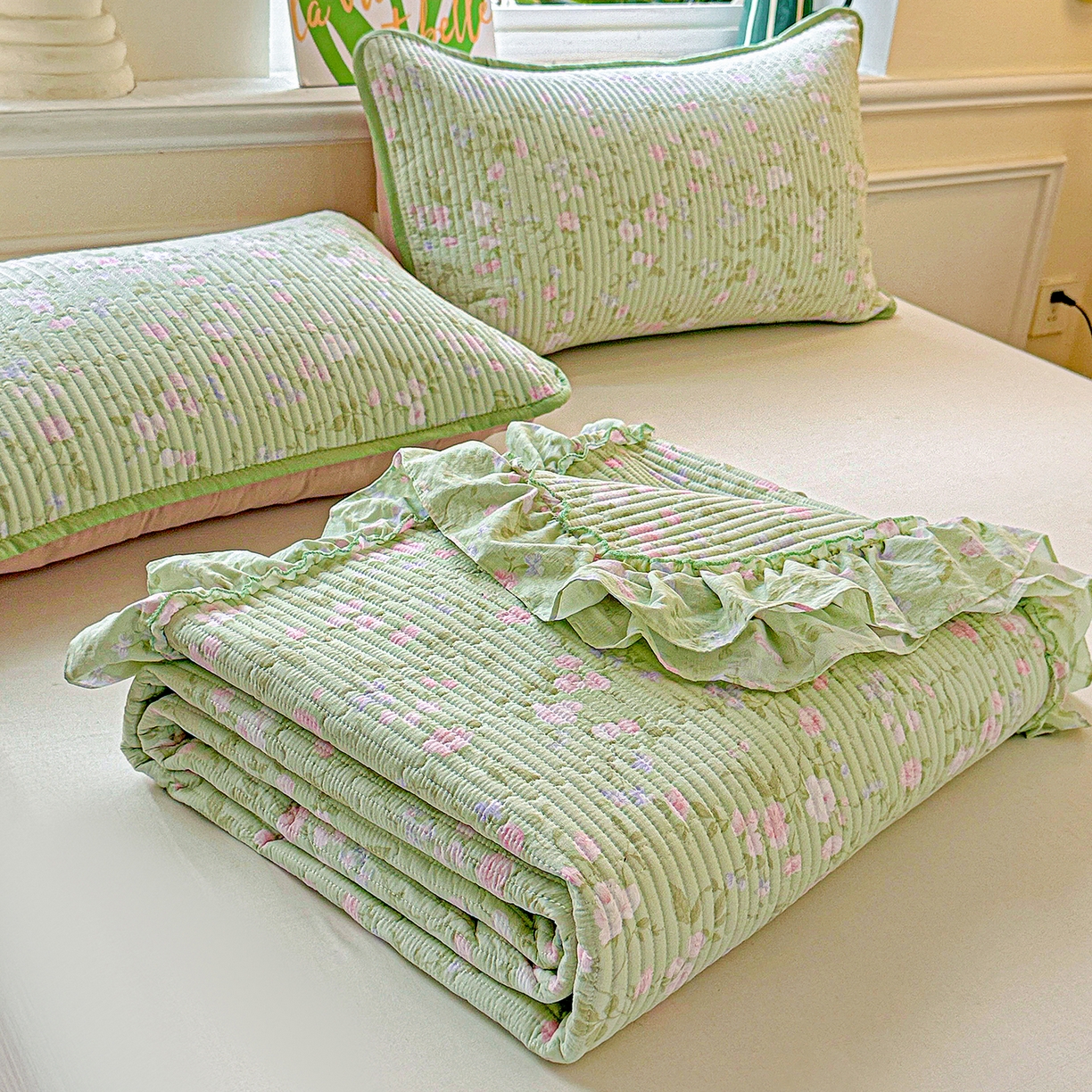 91家纺网 家纺一手货源 找家纺 恒尚居 2025新款云感皱皱纱床盖花边床单双层纱床盖三件套-四季款【系列一】 花边款-美丽心情