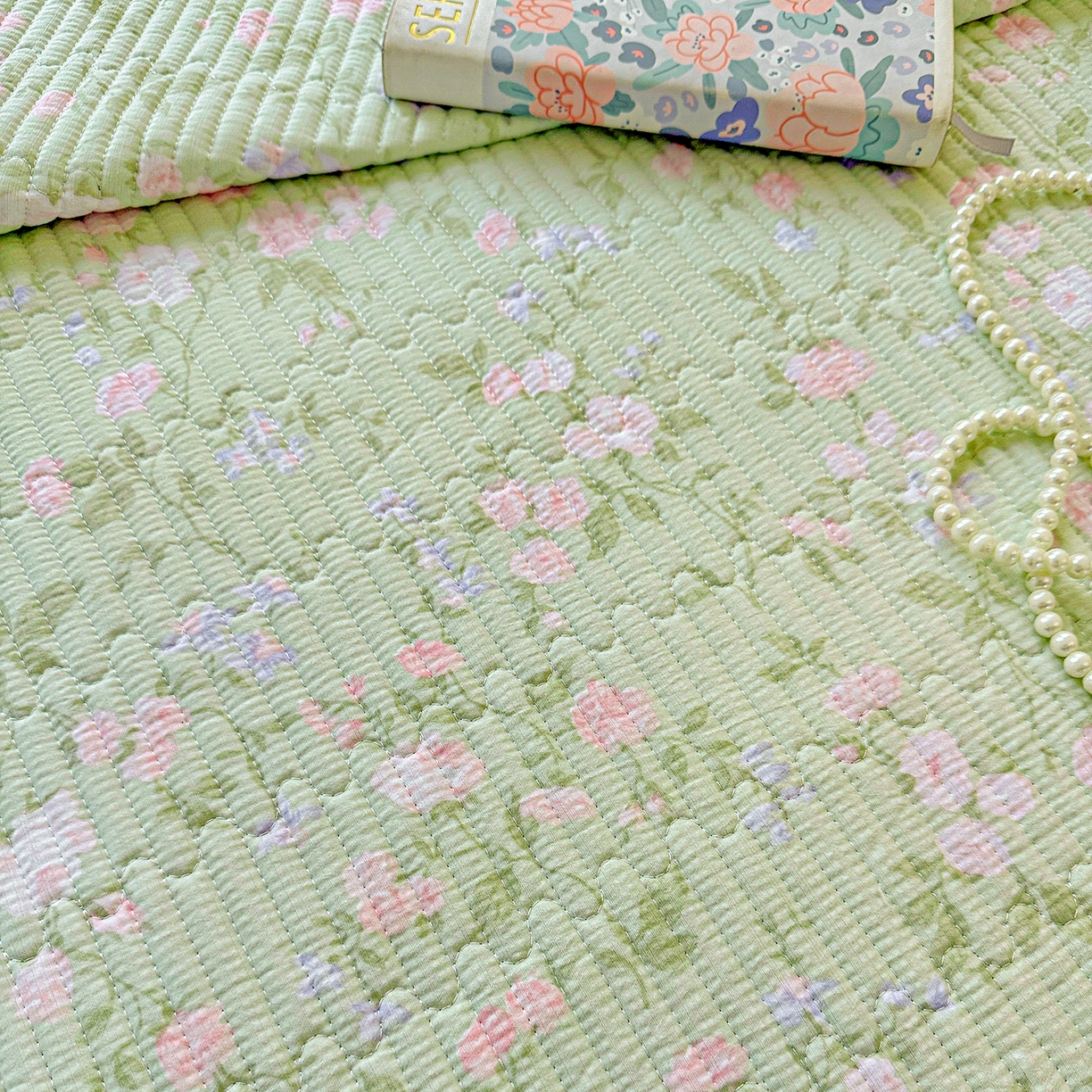 91家纺网 家纺一手货源 找家纺 恒尚居 2025新款云感皱皱纱床盖花边床单双层纱床盖三件套-四季款【系列一】 花边款-美丽心情