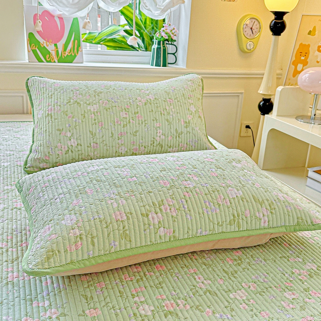 91家纺网 家纺一手货源 找家纺 恒尚居 2025新款云感皱皱纱床盖花边床单双层纱床盖三件套-四季款【系列一】 花边款-美丽心情