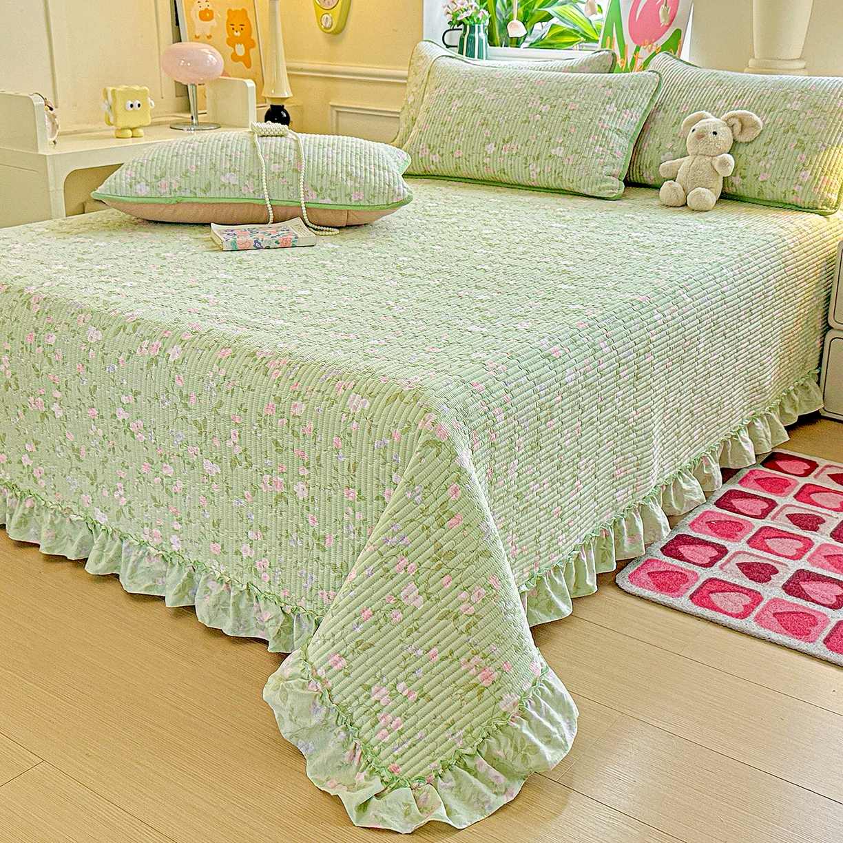 91家纺网 家纺一手货源 找家纺 恒尚居 2025新款云感皱皱纱床盖花边床单双层纱床盖三件套-四季款【系列一】 花边款-美丽心情