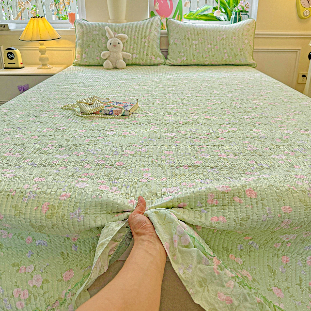 91家纺网 家纺一手货源 找家纺 恒尚居 2025新款云感皱皱纱床盖花边床单双层纱床盖三件套-四季款【系列一】 花边款-美丽心情