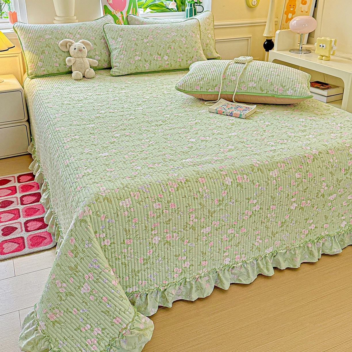 91家纺网 家纺一手货源 找家纺 恒尚居 2025新款云感皱皱纱床盖花边床单双层纱床盖三件套-四季款【系列一】 花边款-美丽心情