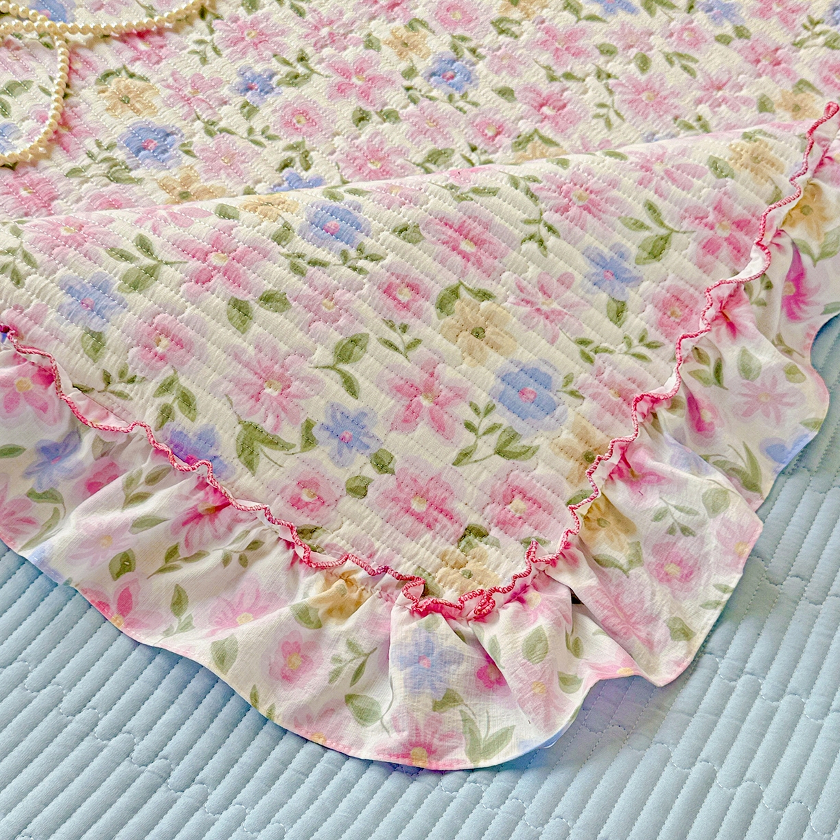 91家纺网 家纺一手货源 找家纺 恒尚居 2025新款云感皱皱纱床盖花边床单双层纱床盖三件套-四季款【系列一】 花边款-蔷薇