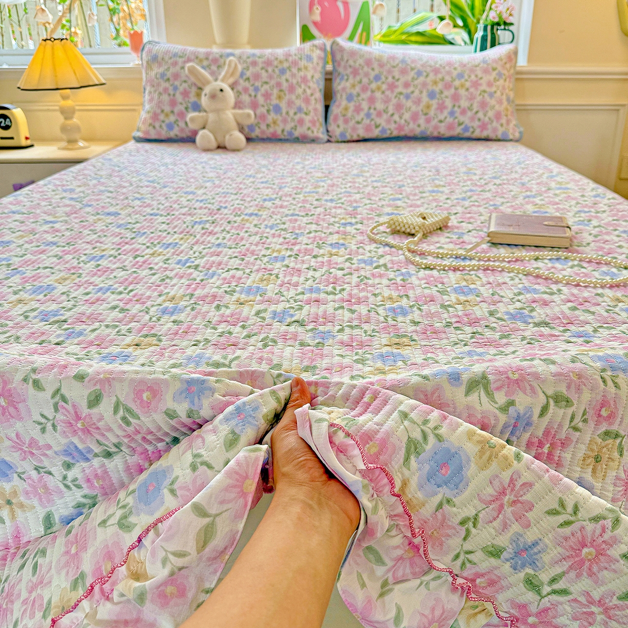 91家纺网 家纺一手货源 找家纺 恒尚居 2025新款云感皱皱纱床盖花边床单双层纱床盖三件套-四季款【系列一】 花边款-蔷薇