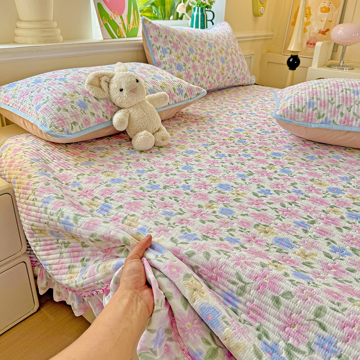 91家纺网 家纺一手货源 找家纺 恒尚居 2025新款云感皱皱纱床盖花边床单双层纱床盖三件套-四季款【系列一】 花边款-蔷薇