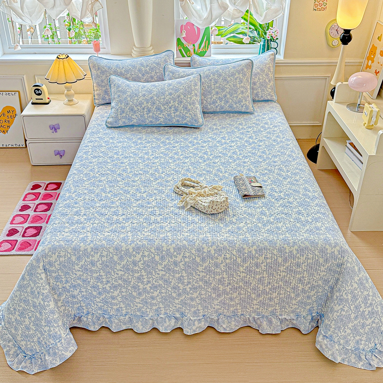 91家纺网 家纺一手货源 找家纺 恒尚居 2025新款云感皱皱纱床盖花边床单双层纱床盖三件套-四季款【系列一】 花边款-清新蓝