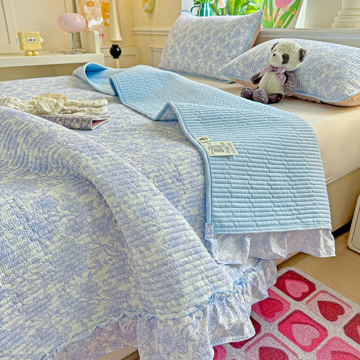 91家纺网 家纺一手货源 找家纺 恒尚居 2025新款云感皱皱纱床盖花边床单双层纱床盖三件套-四季款【系列一】 花边款-清新蓝