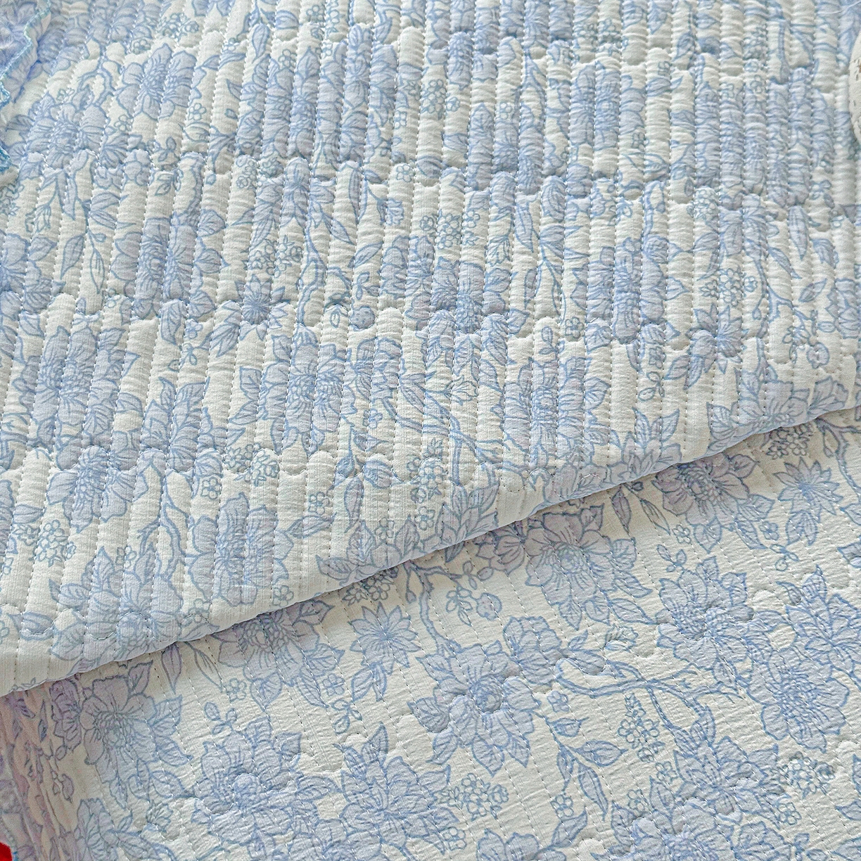 91家纺网 家纺一手货源 找家纺 恒尚居 2025新款云感皱皱纱床盖花边床单双层纱床盖三件套-四季款【系列一】 花边款-清新蓝