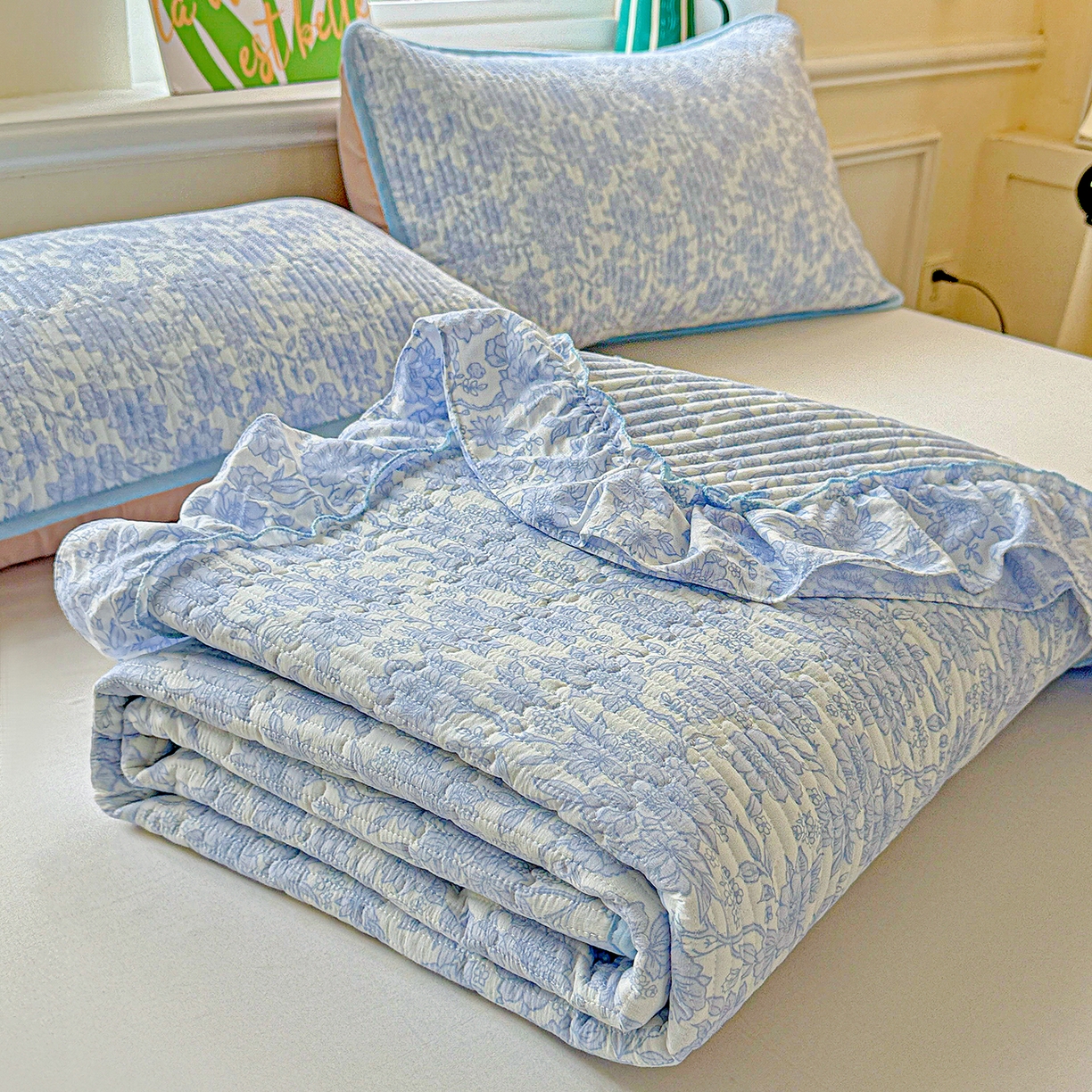 91家纺网 家纺一手货源 找家纺 恒尚居 2025新款云感皱皱纱床盖花边床单双层纱床盖三件套-四季款【系列一】 花边款-清新蓝