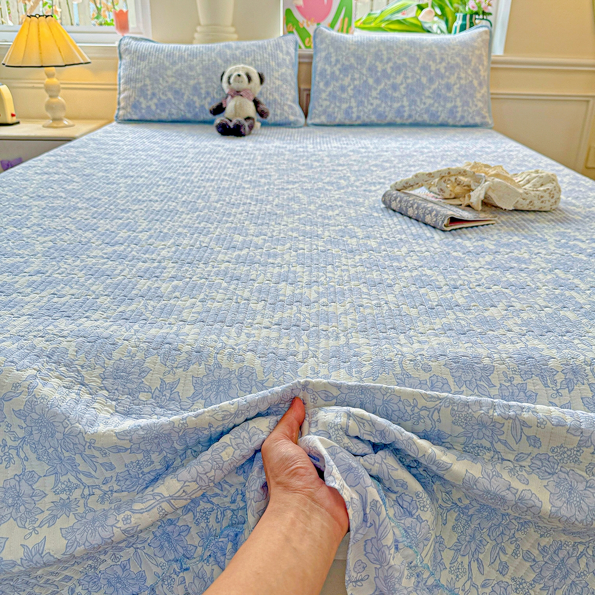 91家纺网 家纺一手货源 找家纺 恒尚居 2025新款云感皱皱纱床盖花边床单双层纱床盖三件套-四季款【系列一】 花边款-清新蓝