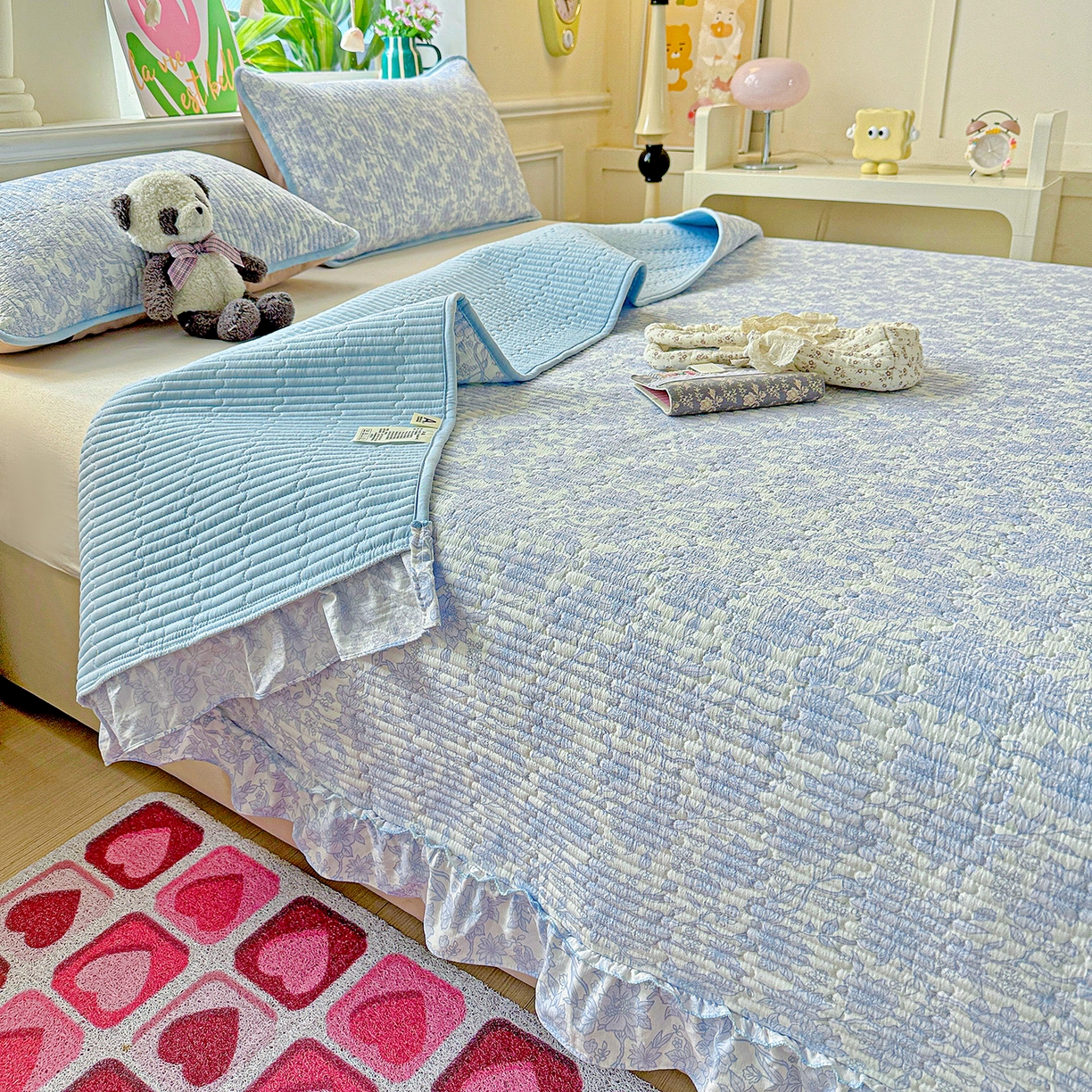 91家纺网 家纺一手货源 找家纺 恒尚居 2025新款云感皱皱纱床盖花边床单双层纱床盖三件套-四季款【系列一】 花边款-清新蓝