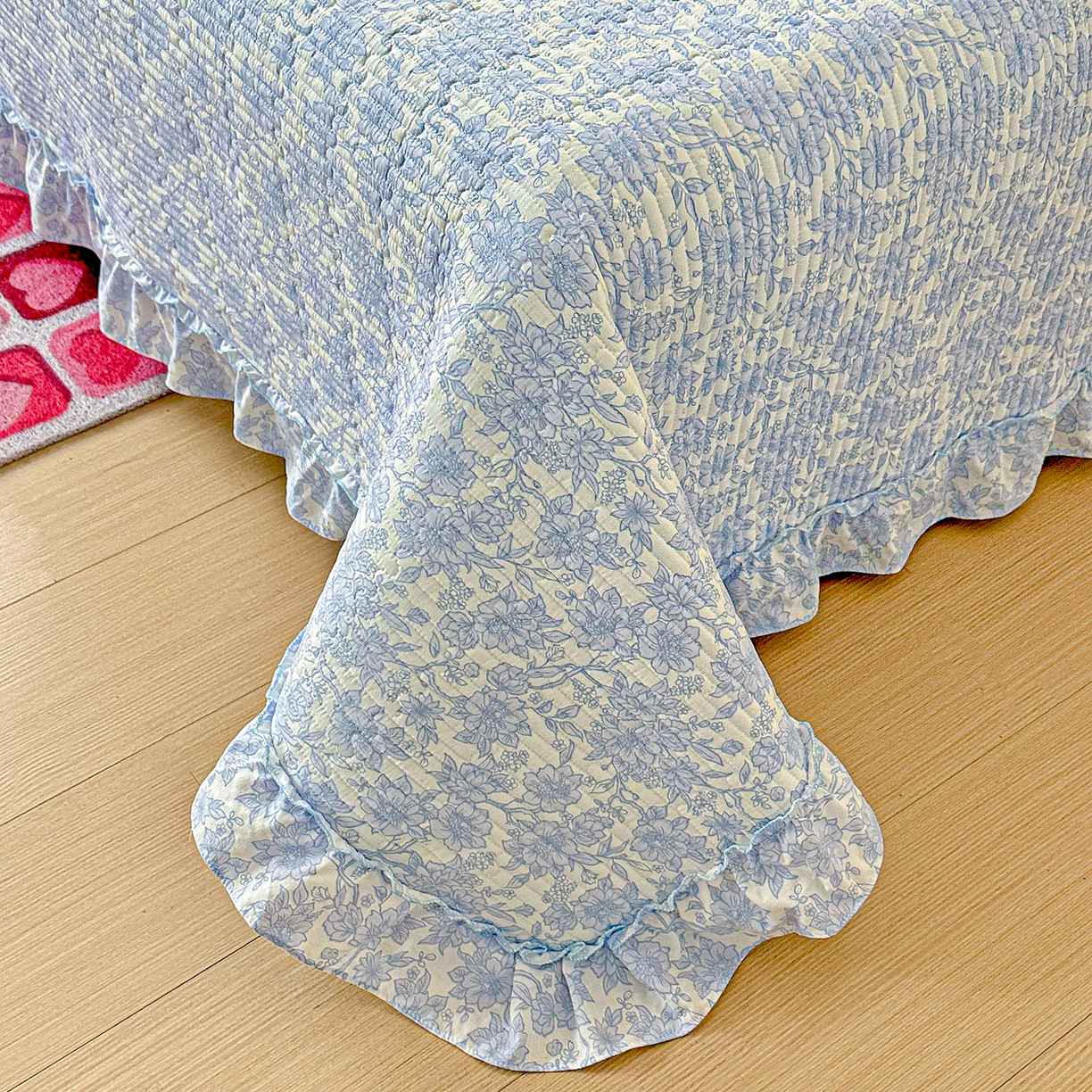 91家纺网 家纺一手货源 找家纺 恒尚居 2025新款云感皱皱纱床盖花边床单双层纱床盖三件套-四季款【系列一】 花边款-清新蓝