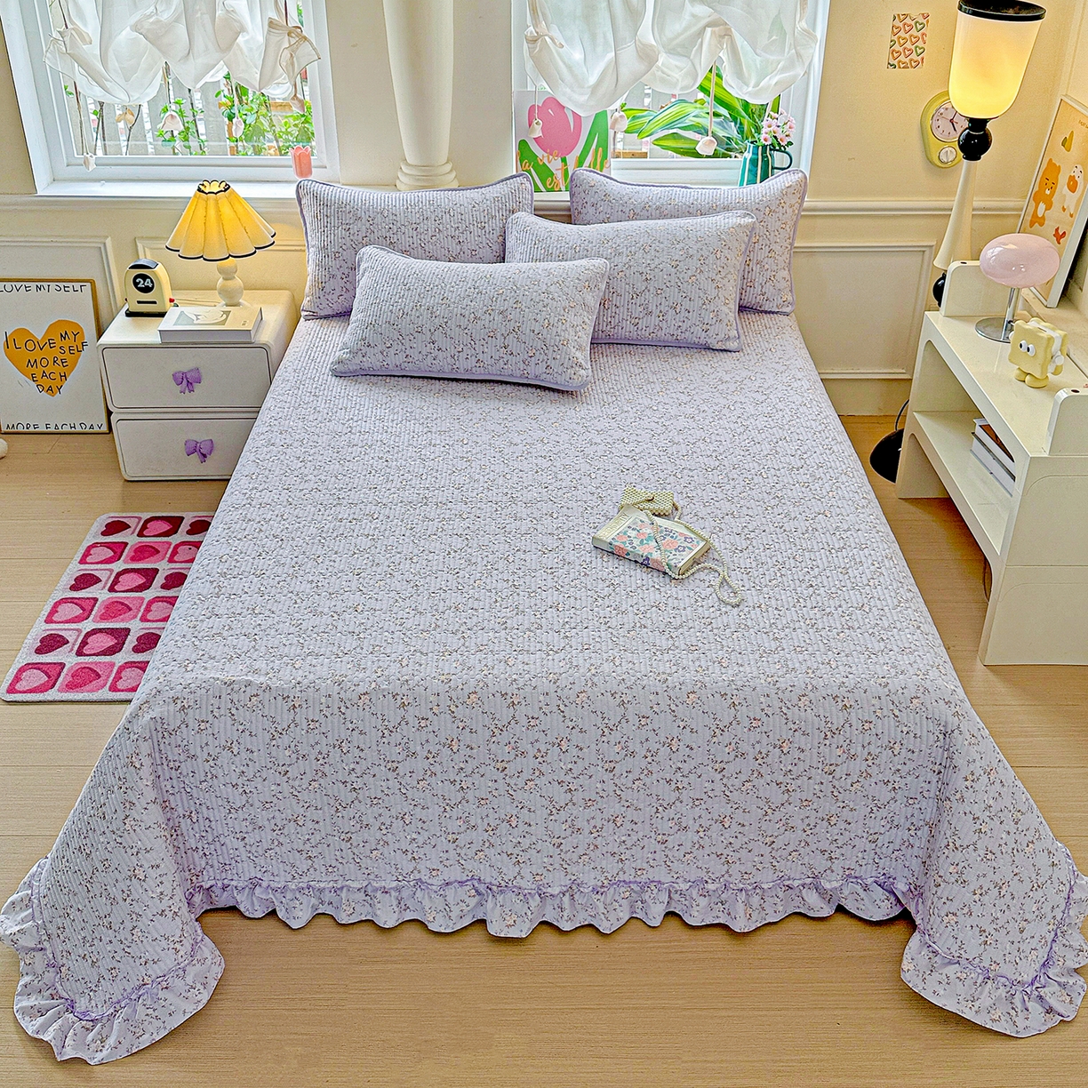 91家纺网 家纺一手货源 找家纺 恒尚居 2025新款云感皱皱纱床盖花边床单双层纱床盖三件套-四季款【系列一】 花边款-紫腾花