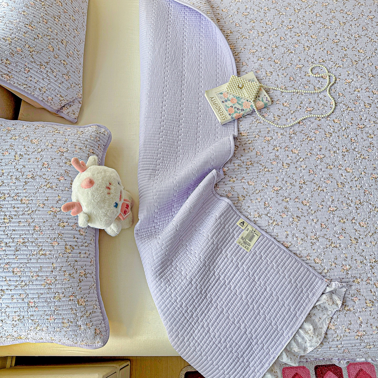 91家纺网 家纺一手货源 找家纺 恒尚居 2025新款云感皱皱纱床盖花边床单双层纱床盖三件套-四季款【系列一】 花边款-紫腾花