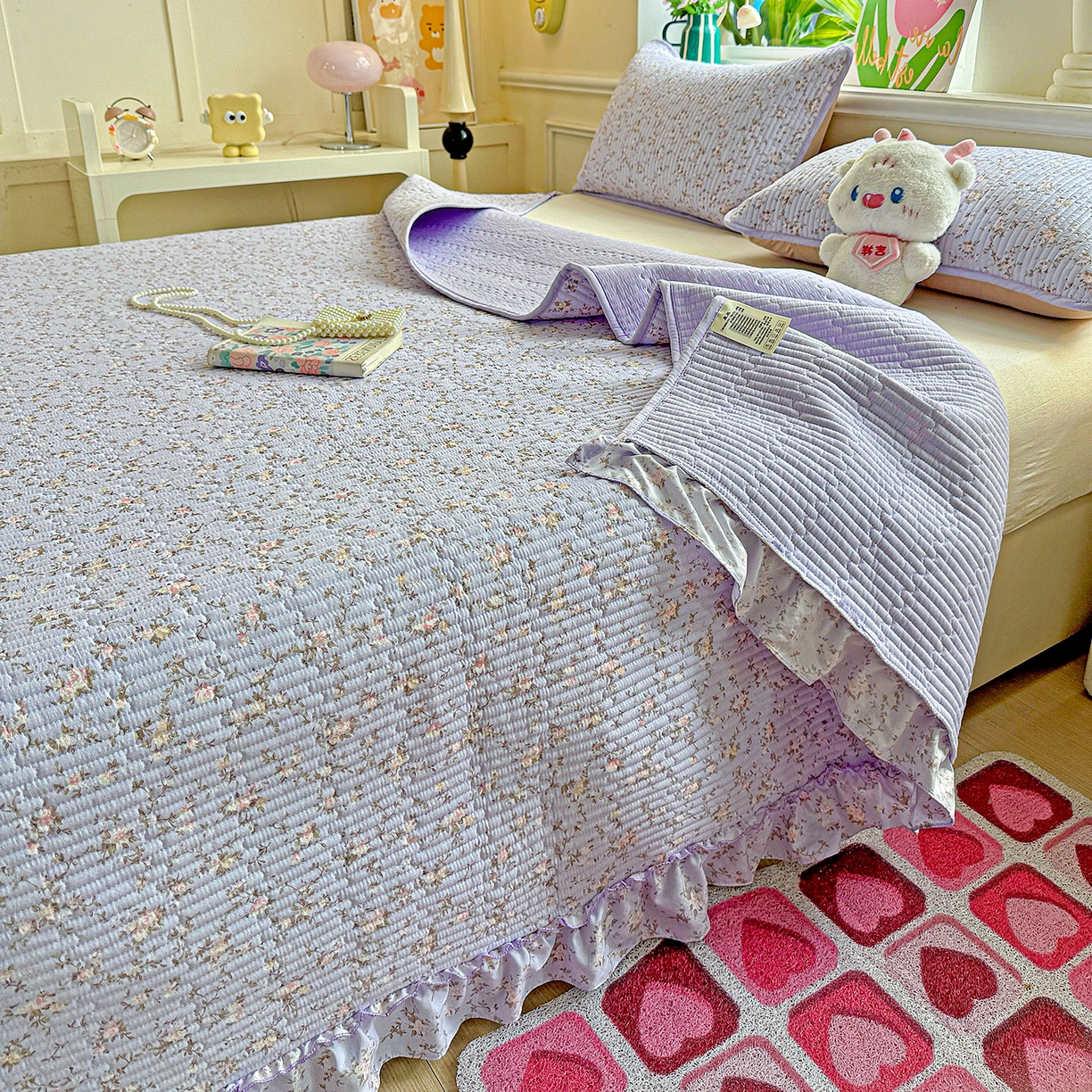 91家纺网 家纺一手货源 找家纺 恒尚居 2025新款云感皱皱纱床盖花边床单双层纱床盖三件套-四季款【系列一】 花边款-紫腾花