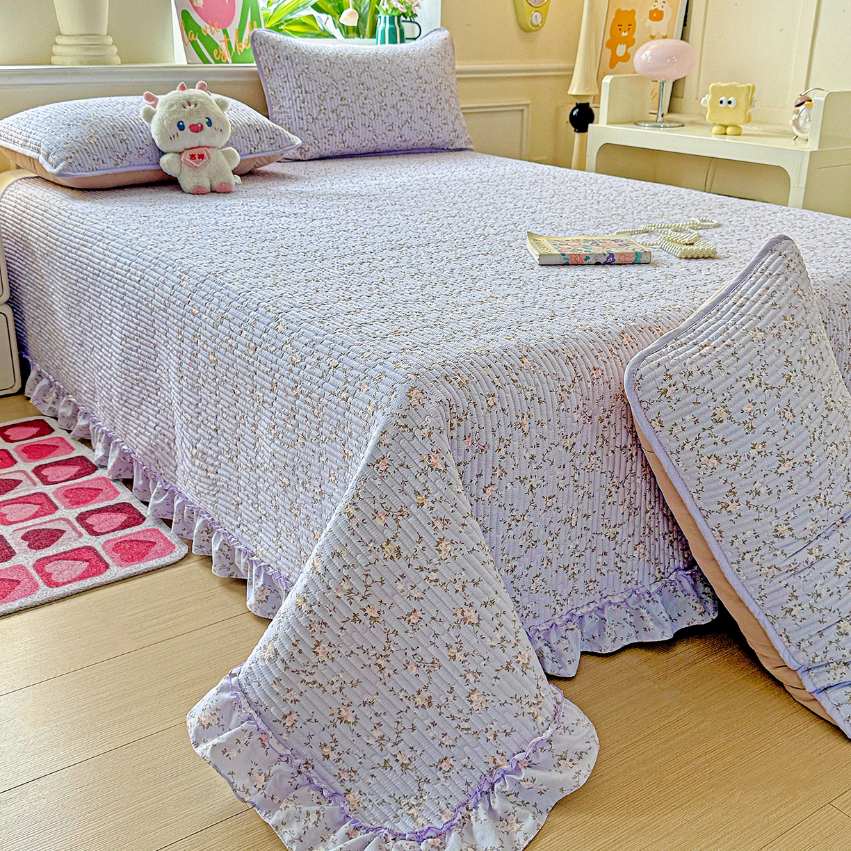 91家纺网 家纺一手货源 找家纺 恒尚居 2025新款云感皱皱纱床盖花边床单双层纱床盖三件套-四季款【系列一】 花边款-紫腾花