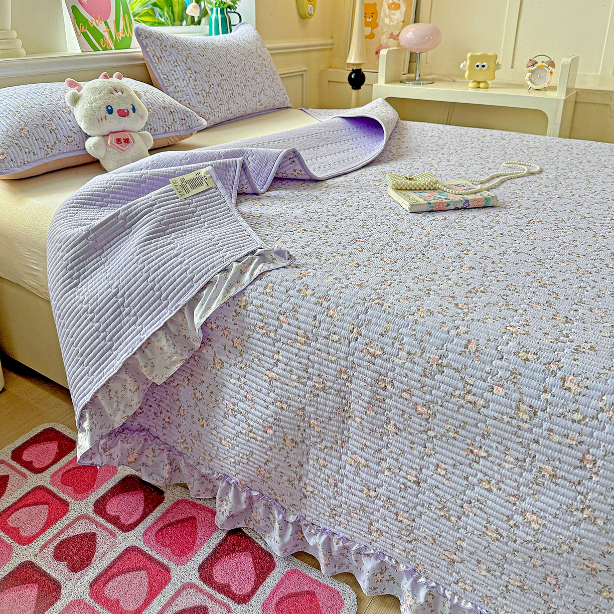 91家纺网 家纺一手货源 找家纺 恒尚居 2025新款云感皱皱纱床盖花边床单双层纱床盖三件套-四季款【系列一】 花边款-紫腾花