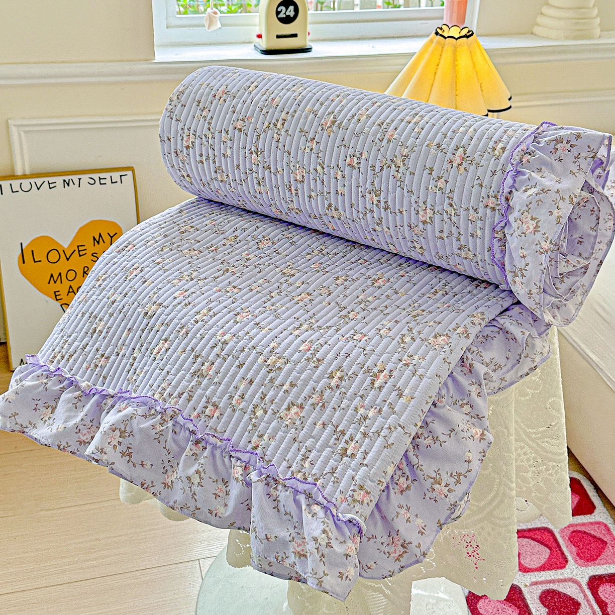 91家纺网 家纺一手货源 找家纺 恒尚居 2025新款云感皱皱纱床盖花边床单双层纱床盖三件套-四季款【系列一】 花边款-紫腾花