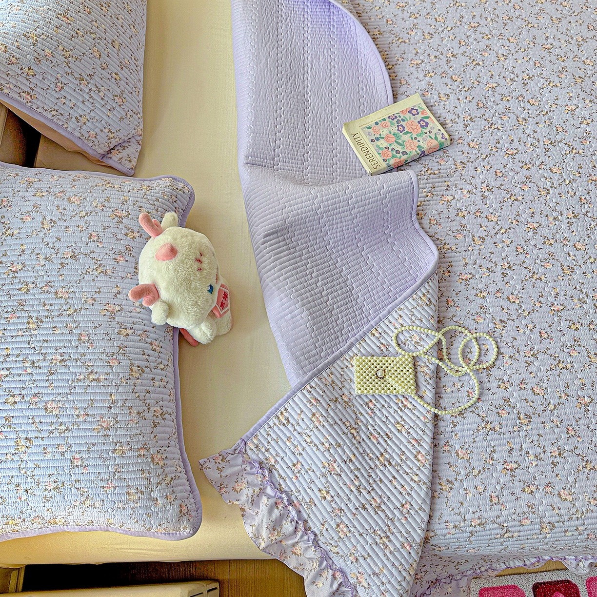 91家纺网 家纺一手货源 找家纺 恒尚居 2025新款云感皱皱纱床盖花边床单双层纱床盖三件套-四季款【系列一】 花边款-紫腾花