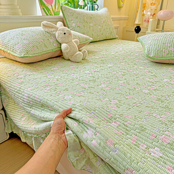 91家纺网 家纺一手货源 找家纺 （总）恒尚居 2025新款云感皱皱纱床盖花边床单双层纱床盖三件套-四季款【系列一】