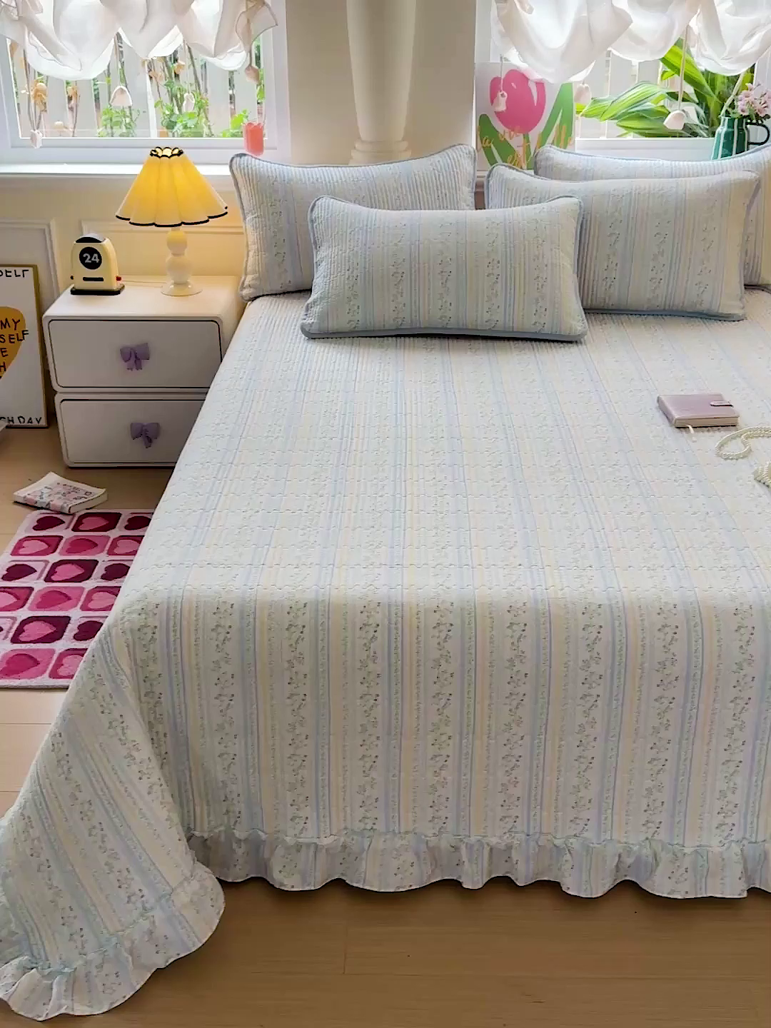 91家纺网 家纺一手货源 找家纺 （总）恒尚居 2025新款云感皱皱纱床盖花边床单双层纱床盖三件套-四季款【系列二】