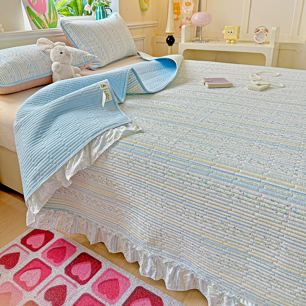 91家纺网 家纺一手货源 找家纺 （总）恒尚居 2025新款云感皱皱纱床盖花边床单双层纱床盖三件套-四季款【系列二】