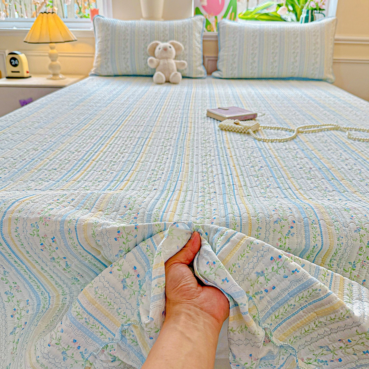 91家纺网 家纺一手货源 找家纺 （总）恒尚居 2025新款云感皱皱纱床盖花边床单双层纱床盖三件套-四季款【系列二】