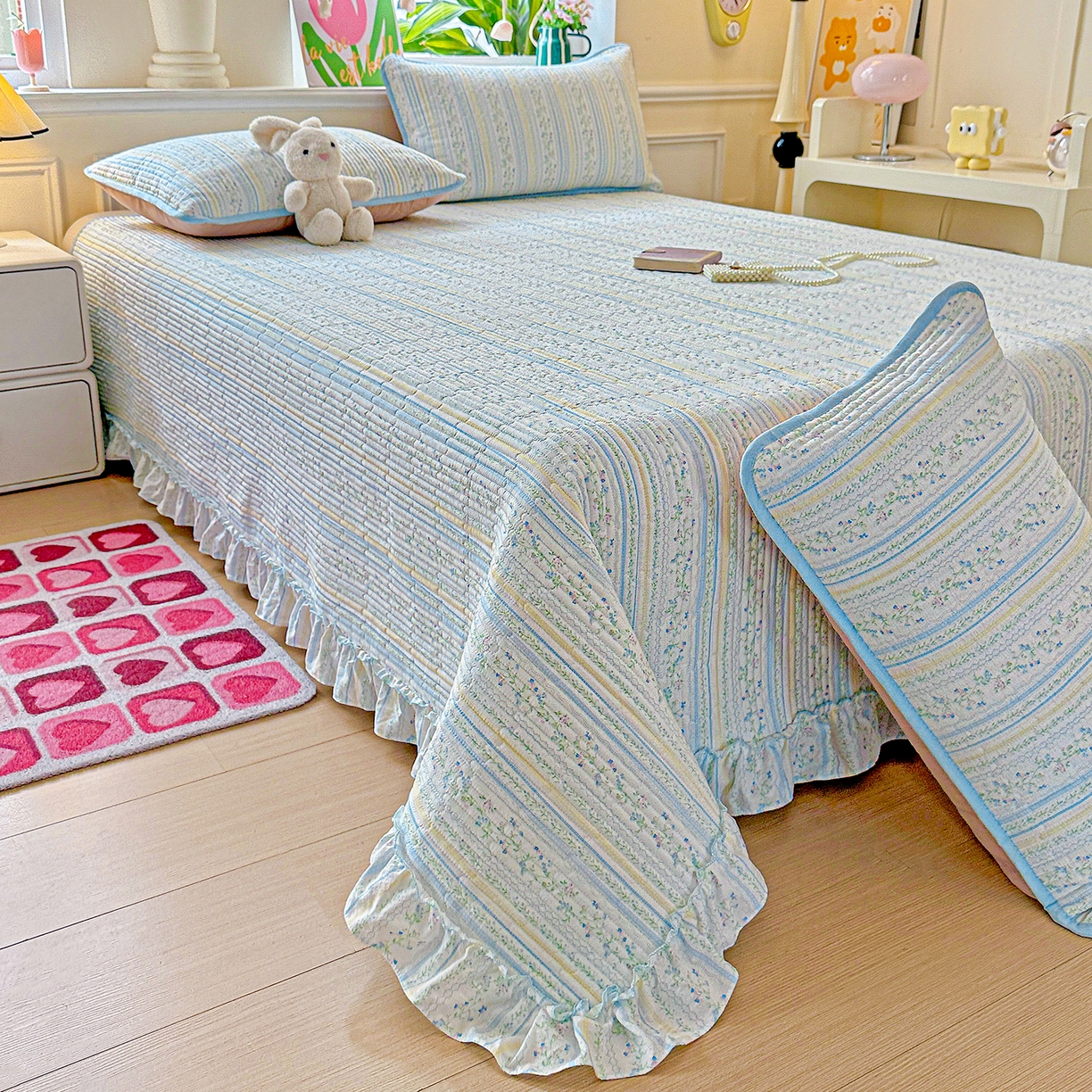 91家纺网 家纺一手货源 找家纺 （总）恒尚居 2025新款云感皱皱纱床盖花边床单双层纱床盖三件套-四季款【系列二】