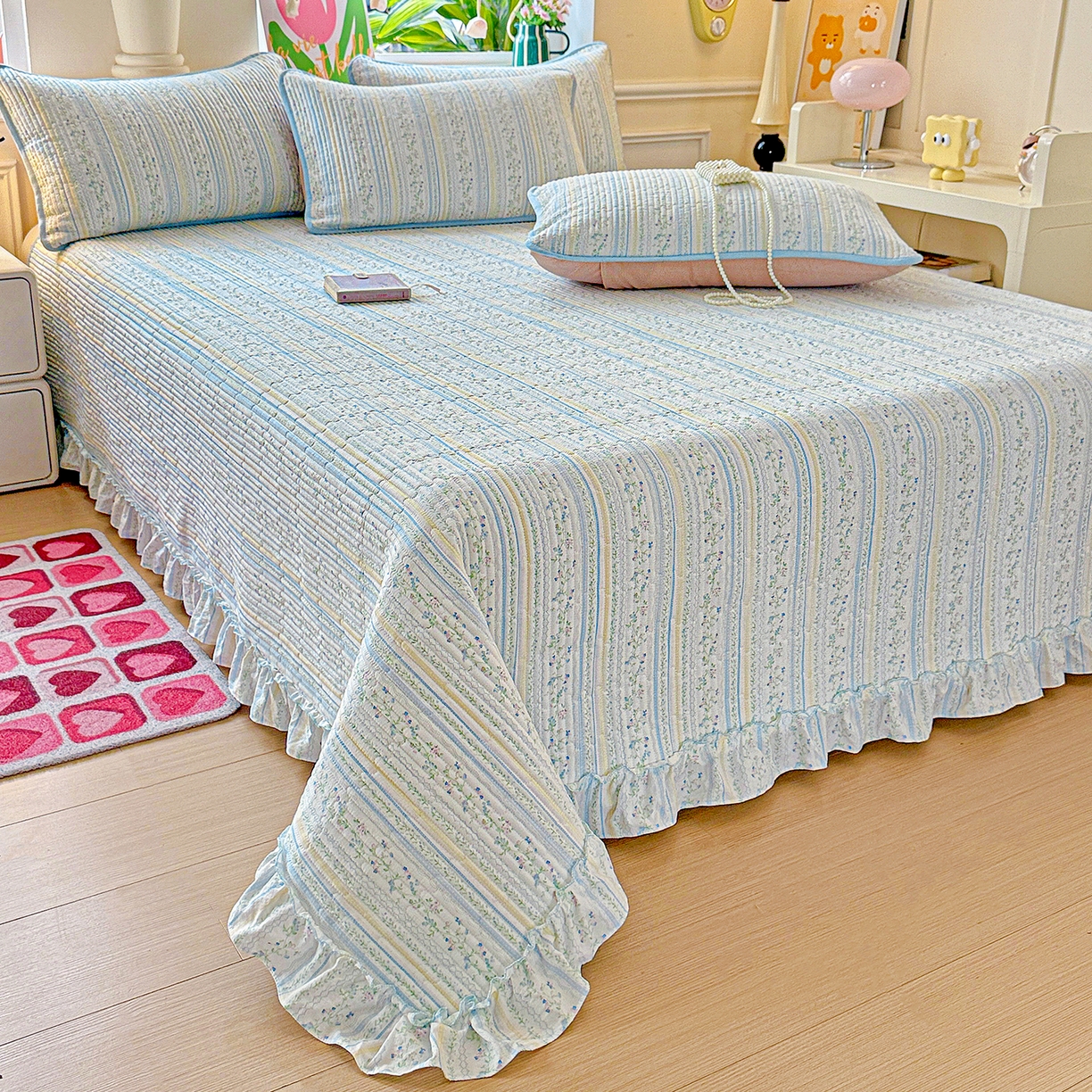 91家纺网 家纺一手货源 找家纺 （总）恒尚居 2025新款云感皱皱纱床盖花边床单双层纱床盖三件套-四季款【系列二】