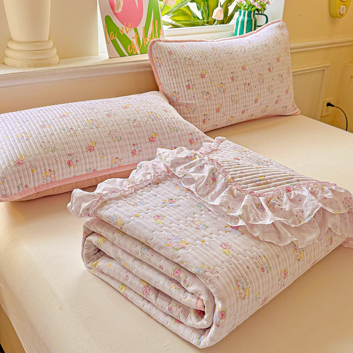 91家纺网 家纺一手货源 找家纺 恒尚居 2025新款云感皱皱纱床盖花边床单双层纱床盖三件套-四季款【系列二】 花边款-美好时光