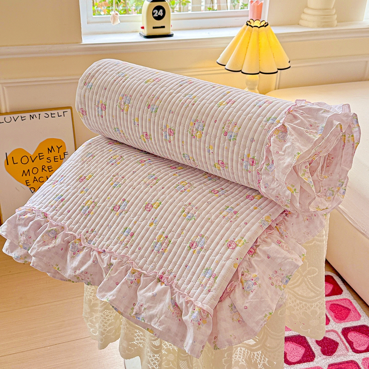 91家纺网 家纺一手货源 找家纺 恒尚居 2025新款云感皱皱纱床盖花边床单双层纱床盖三件套-四季款【系列二】 花边款-美好时光