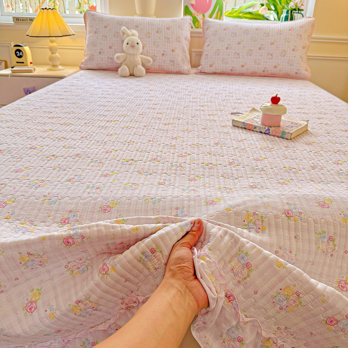 91家纺网 家纺一手货源 找家纺 恒尚居 2025新款云感皱皱纱床盖花边床单双层纱床盖三件套-四季款【系列二】 花边款-美好时光