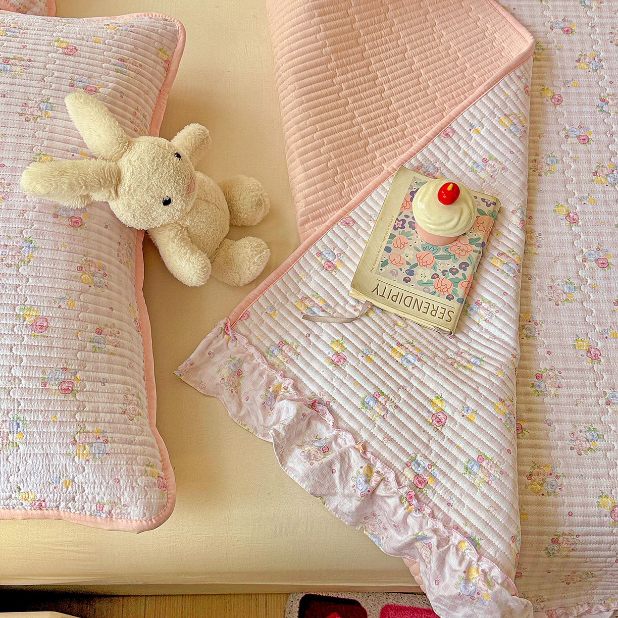 91家纺网 家纺一手货源 找家纺 恒尚居 2025新款云感皱皱纱床盖花边床单双层纱床盖三件套-四季款【系列二】 花边款-美好时光