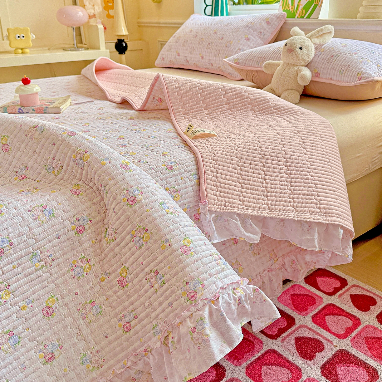 91家纺网 家纺一手货源 找家纺 恒尚居 2025新款云感皱皱纱床盖花边床单双层纱床盖三件套-四季款【系列二】 花边款-美好时光